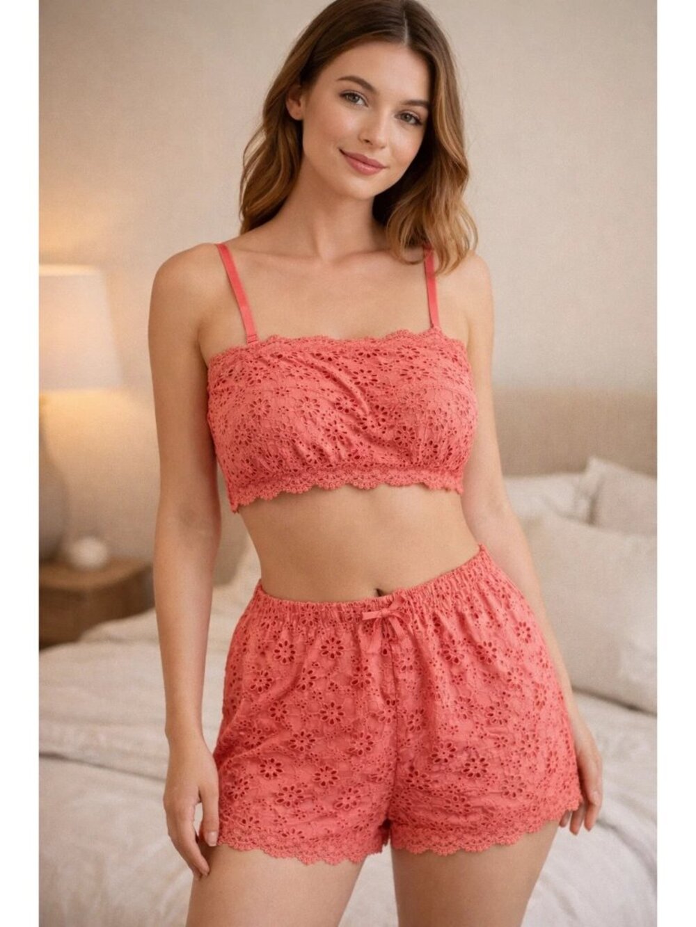 Auden sz M Coral Eyelet Lace Bra Bralette Bandeau Removeable Strap NEW
